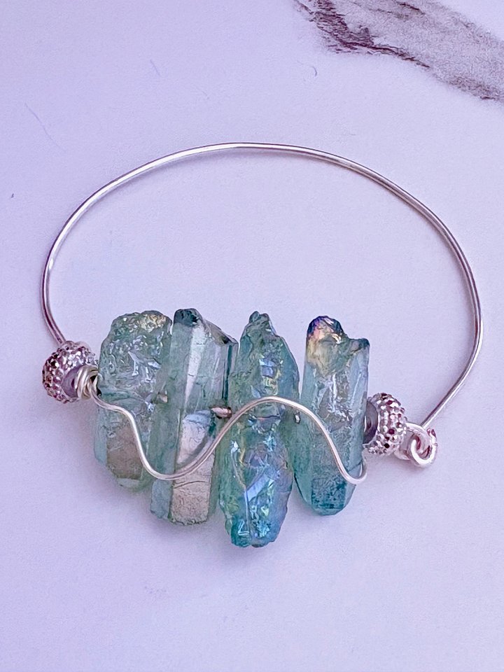 Handmade 7" Wire Wrapped Bracelet | Light Green Crystals | Coastal Charm Jewelry by Monique Faella Designs™ | MFD-00171 product image (2)