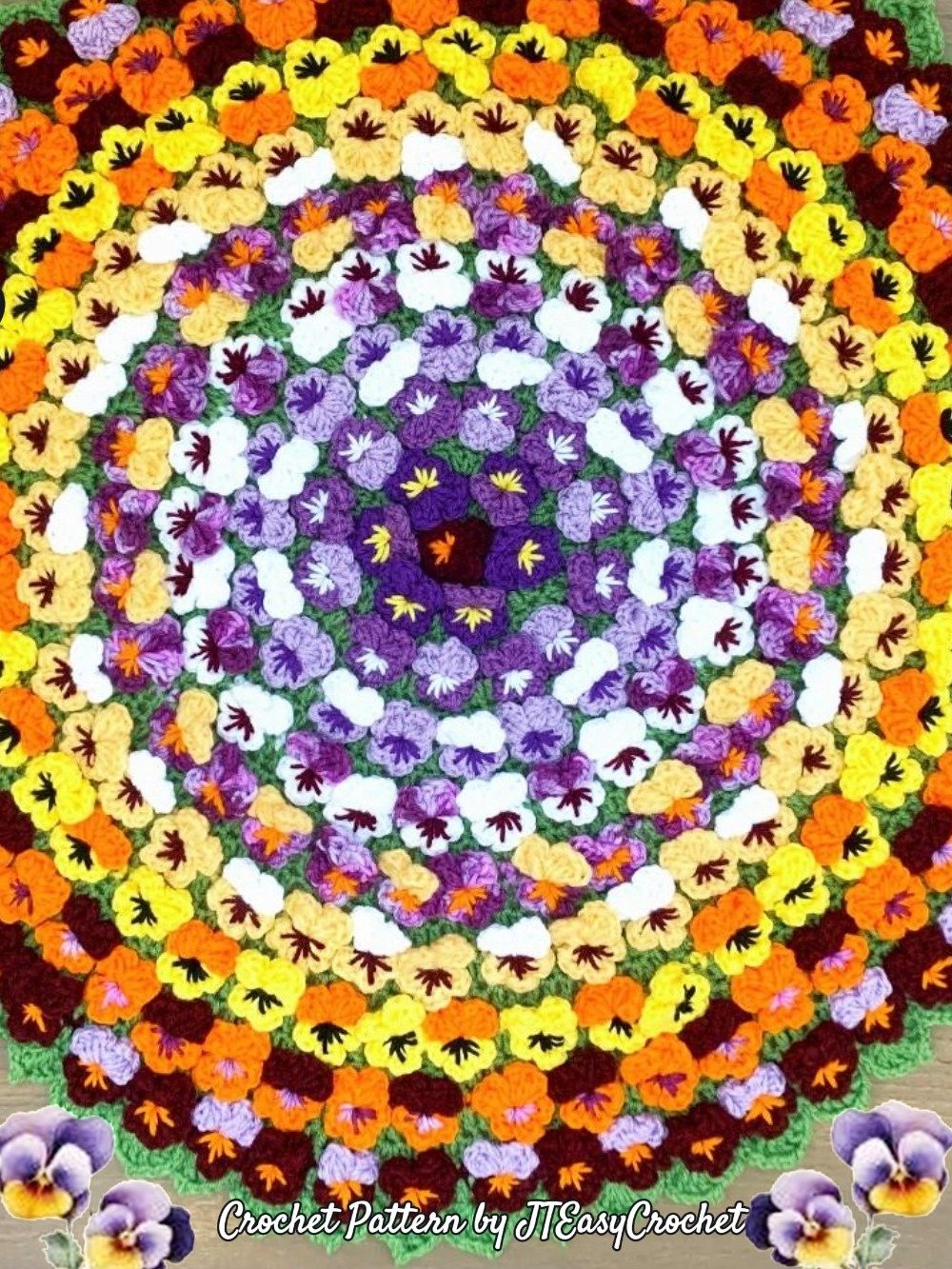 Pansy Flower Round Mandala Blanket Crochet Pattern, Cute Floral Rug product image (3)