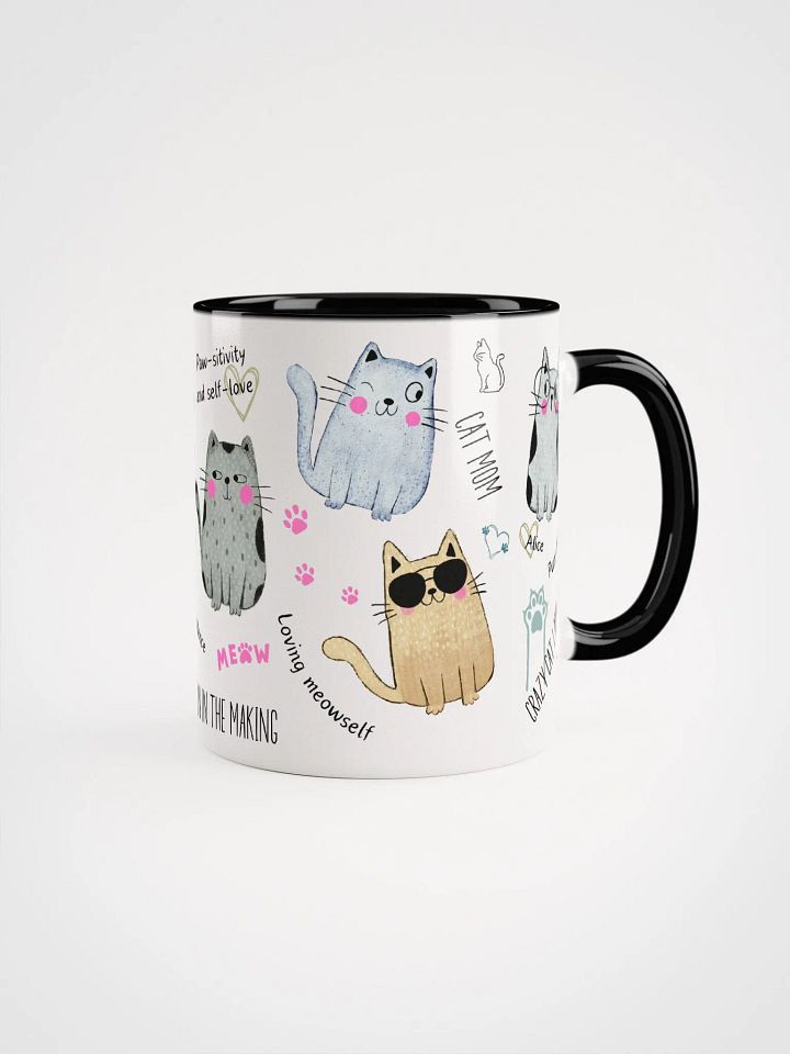 Hand-drawn ceramic cat coffee duo-tone mug with motivational quotes for a crazy cat lady product image (2)
