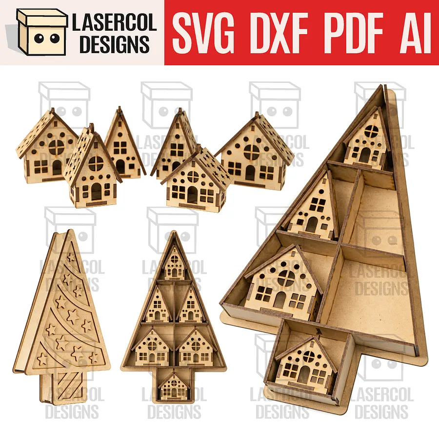 Christmas Houses Ornaments Box - Laser Cut Files product image (1)