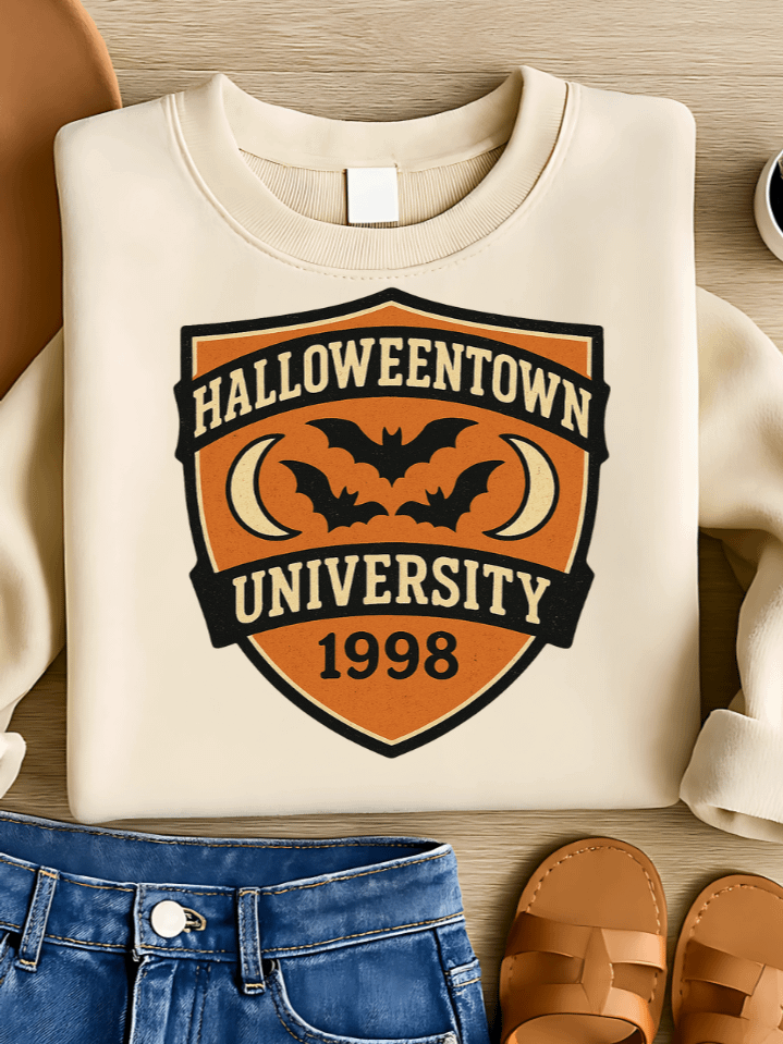 Halloweentown University Sublimation PNG – Collegiate Spooky Clipart for T-Shirts – Vintage Varsity & Bat Theme – 300 DPI Instant Digital Download product image (1)