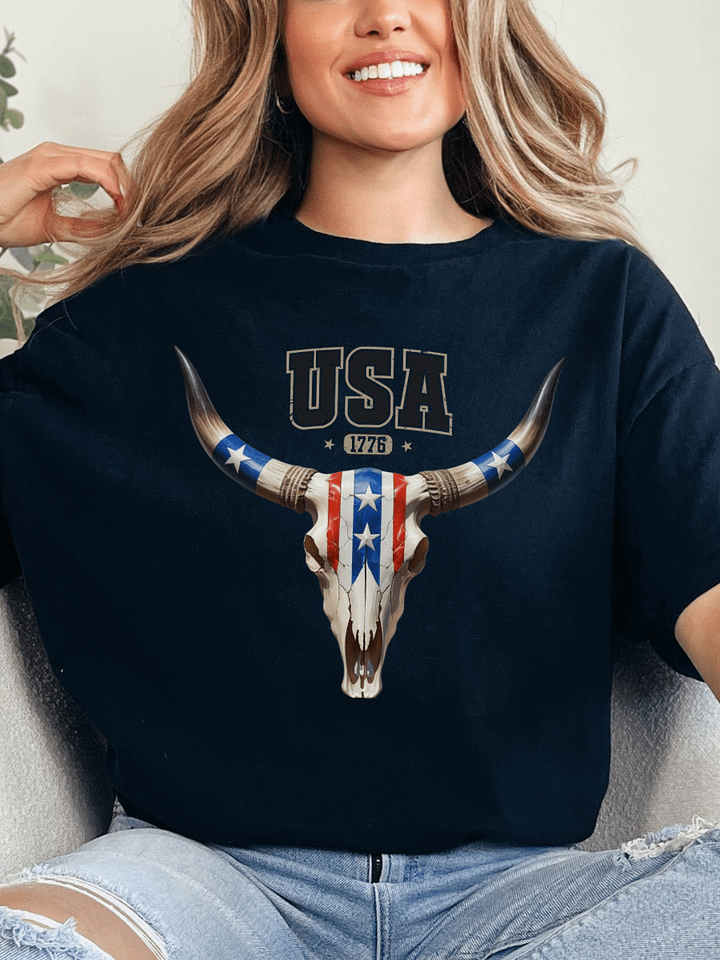 USA Cow Skull Shirt Western Patriotic Cowboy Tee product image (1)