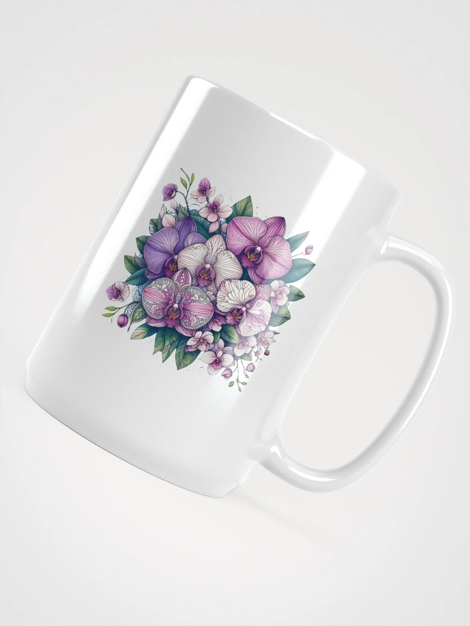 Orchid Oasis White Glossy Mug | AI Design mandala patterned flowers product image (4)