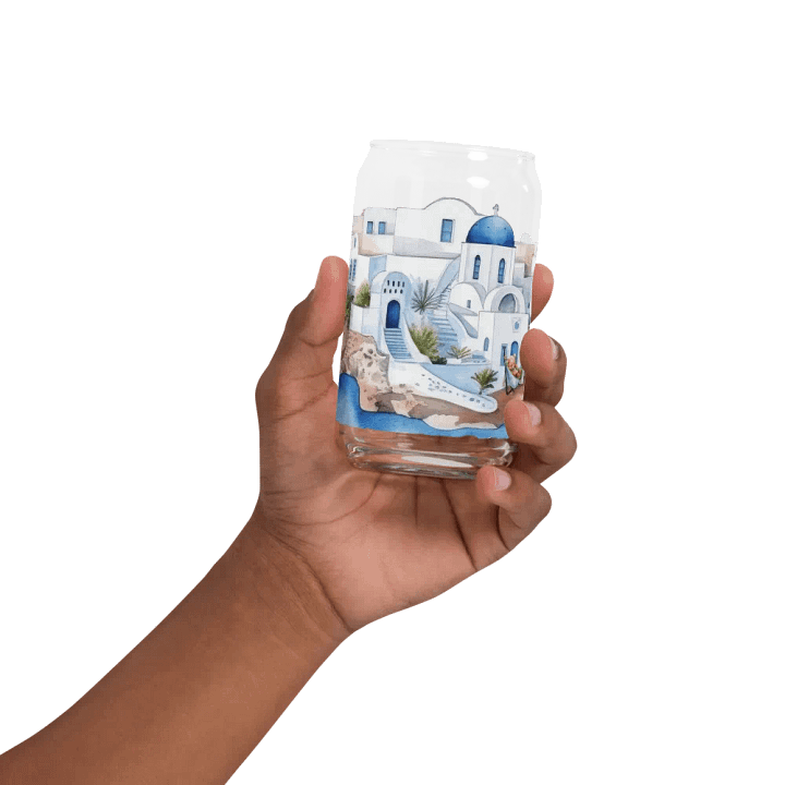 Santorini Dreaming Glass Can Tumbler | 16oz | Greek-Inspired Beverage Glass with Bamboo Lid & Straw product image (2)