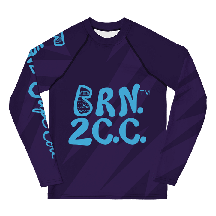 YOUTH | Rash Guard | BRN.2C.C.™ Front Graphic | BOURNE to Cape Cod™ Sleeve & Back Logo | Coastal Swim Shirt for Kids | UV Protection Activewear | Blue Logo on Purple Bolts product image (1)