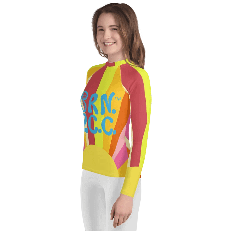 Girls' | YOUTH | Rash Guard | BRN.2C.C.™ Front Graphic | BOURNE to Cape Cod™ Sleeve & Back Logo | Coastal Swim Shirt for Kids | UV Protection Activewear | Blue Logo | Colorful Sun product image (3)