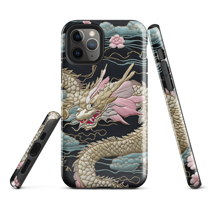 Pink and Gold Silk Embroidered Dragon Tough iPhone Case product image (1)