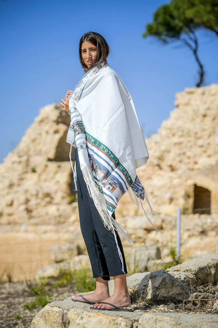 Jerusalem -GREEN & SILVER TRIM Small Tallit (Prayer Shawl) KIT product image (2)