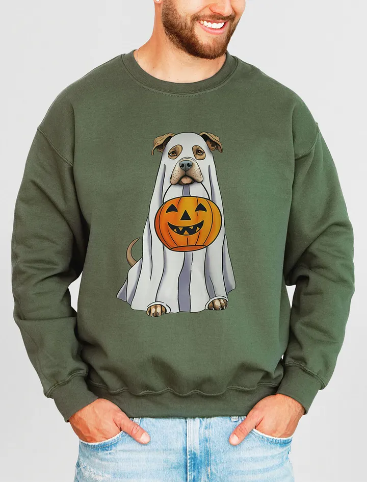 Pitbull(Fawn) Halloween Sweatshirt | Funny Halloween Staffordshire Wearing a Ghost Costume with Pumpkin Basket product image (19)