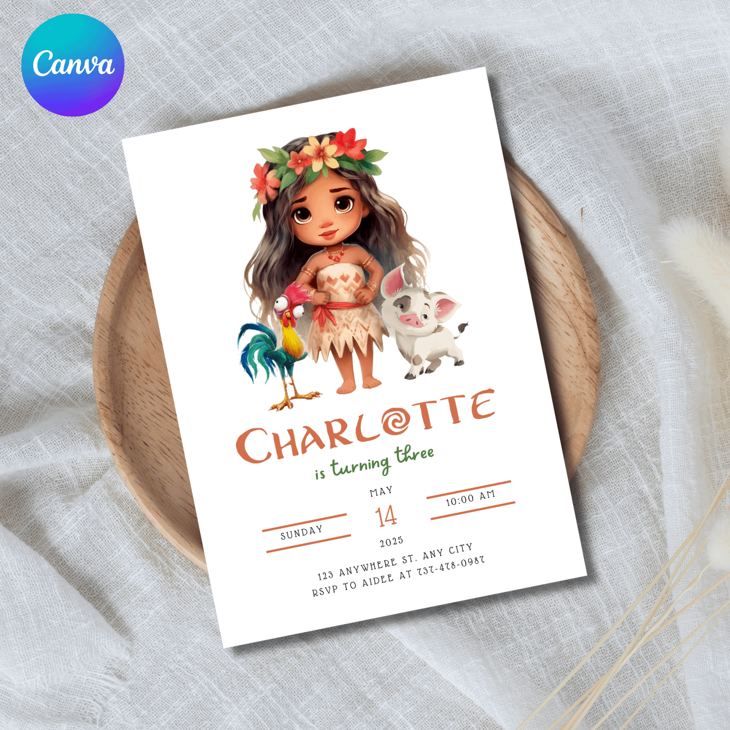 Moana Themed Birthday Invitation Template – Canva Editable Tropical Party Invite product image (1)