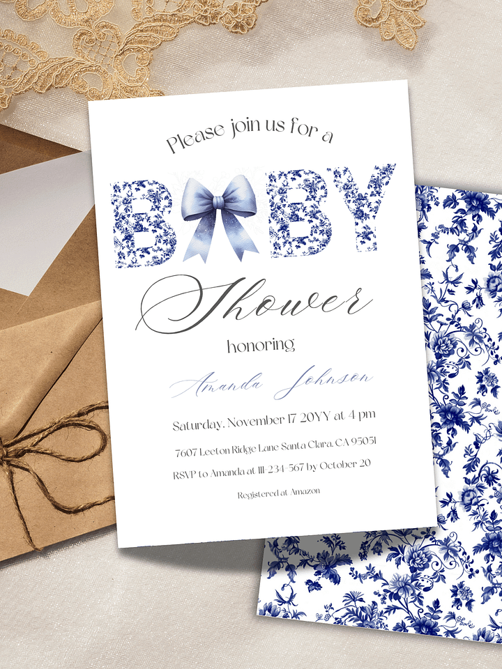 Minimalist Blue Toile de Jouy and Bow Baby Shower Invitation, Chinoiserie Floral Theme, Boy Baby Shower Invite for Digital Download product image (2)