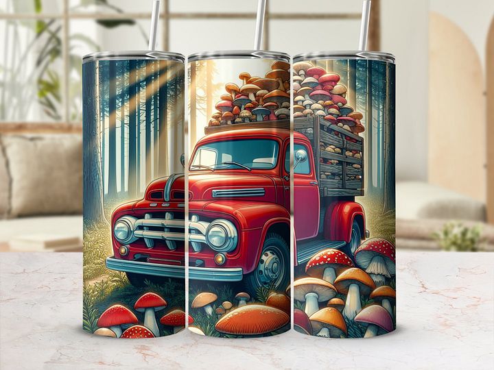 Vintage Mushroom Truck Adventure – Tumbler Wrap & Wall Art Bundle product image (1)