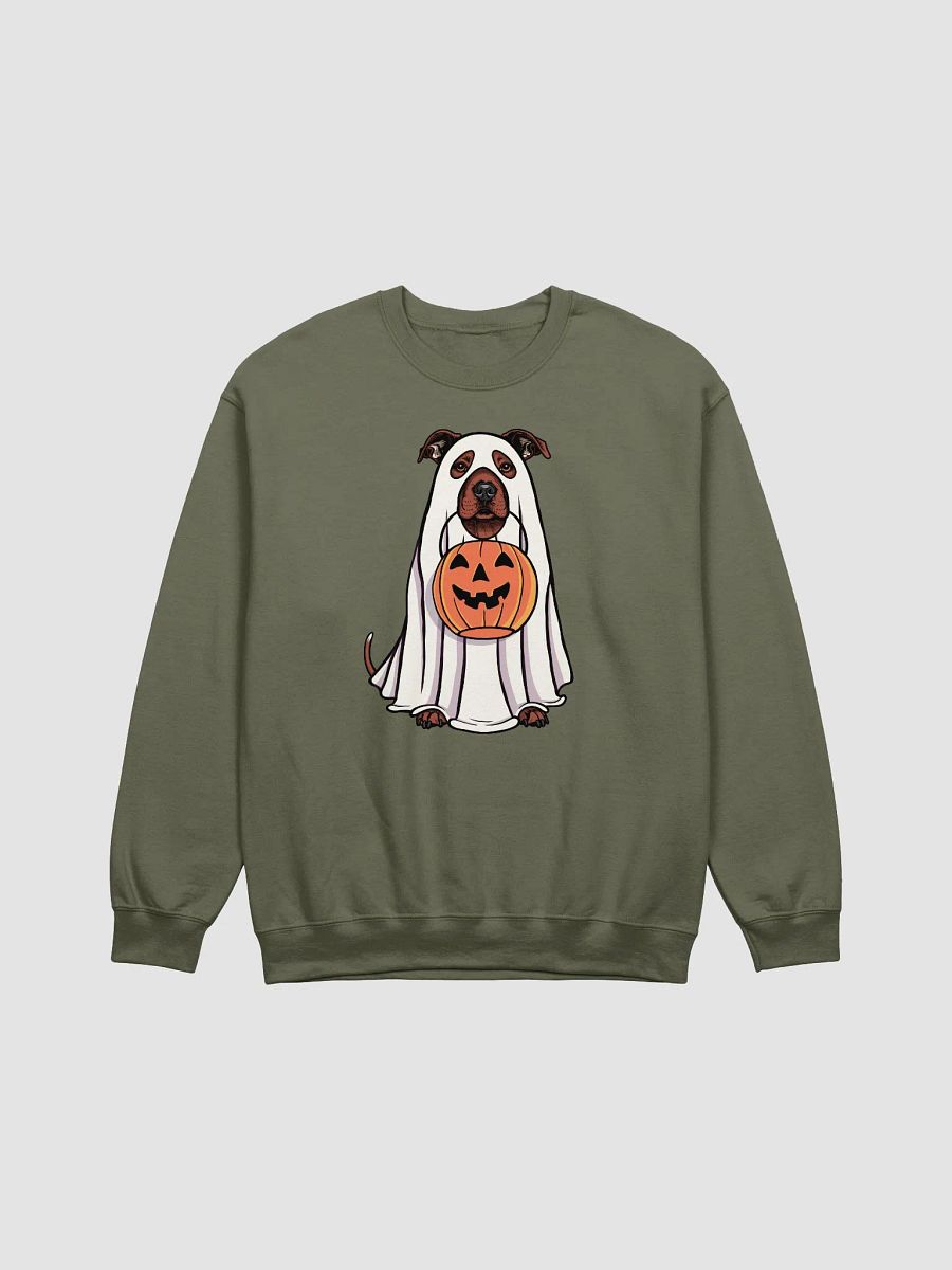 Funny Halloween Staffordshire Terrier(Red) Sweatshirt | Funny Staffy Wearing a Ghost Costume and Holding a Pumpkin Basket product image (17)