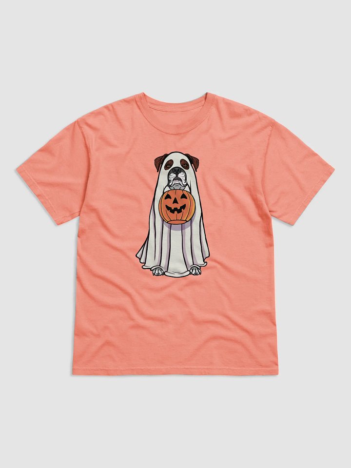 Funny Halloween Boxer Dog(Brindle) T-Shirt | Funny Boxer Wearing a Ghost Costume and Holding a Pumpkin Basket product image (1)
