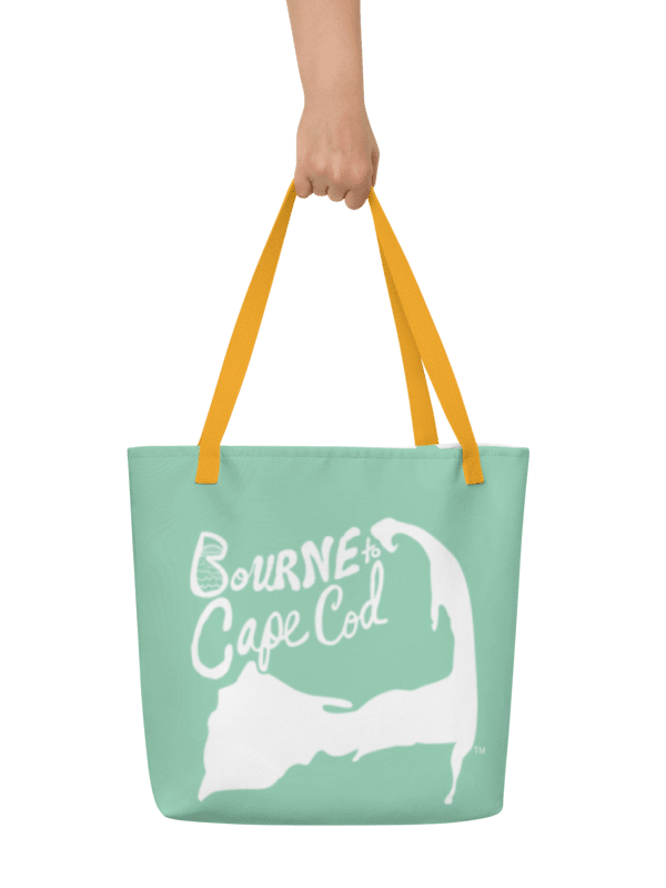 BOURNE to Cape Cod™ | Large Tote Bag with Pocket | Coastal Classic | All-Over Logo Print | White Logo on Vista Blue Green product image (1)