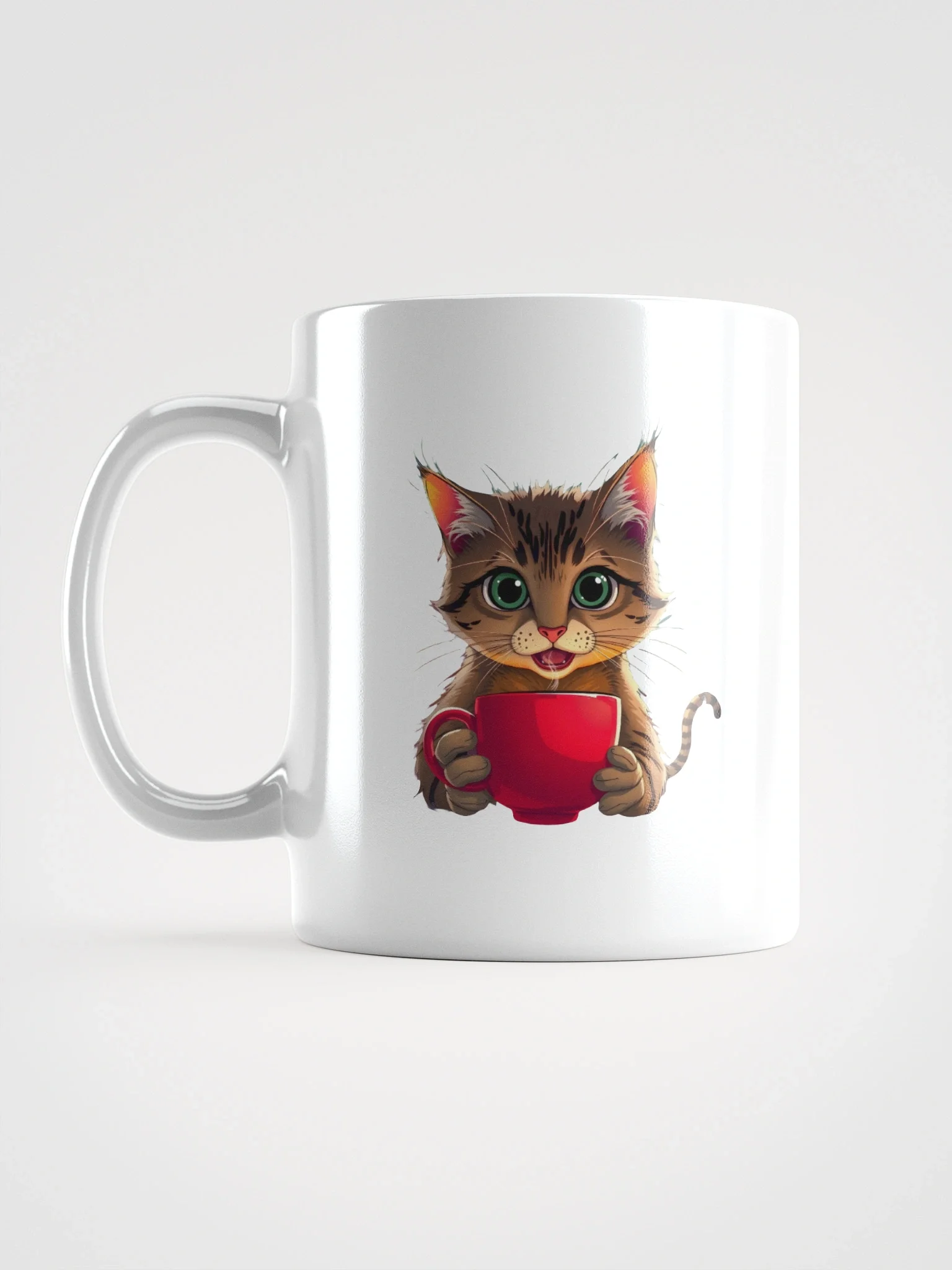 White Glossy Mug-Cat with a Cup of Coffee product image (2)