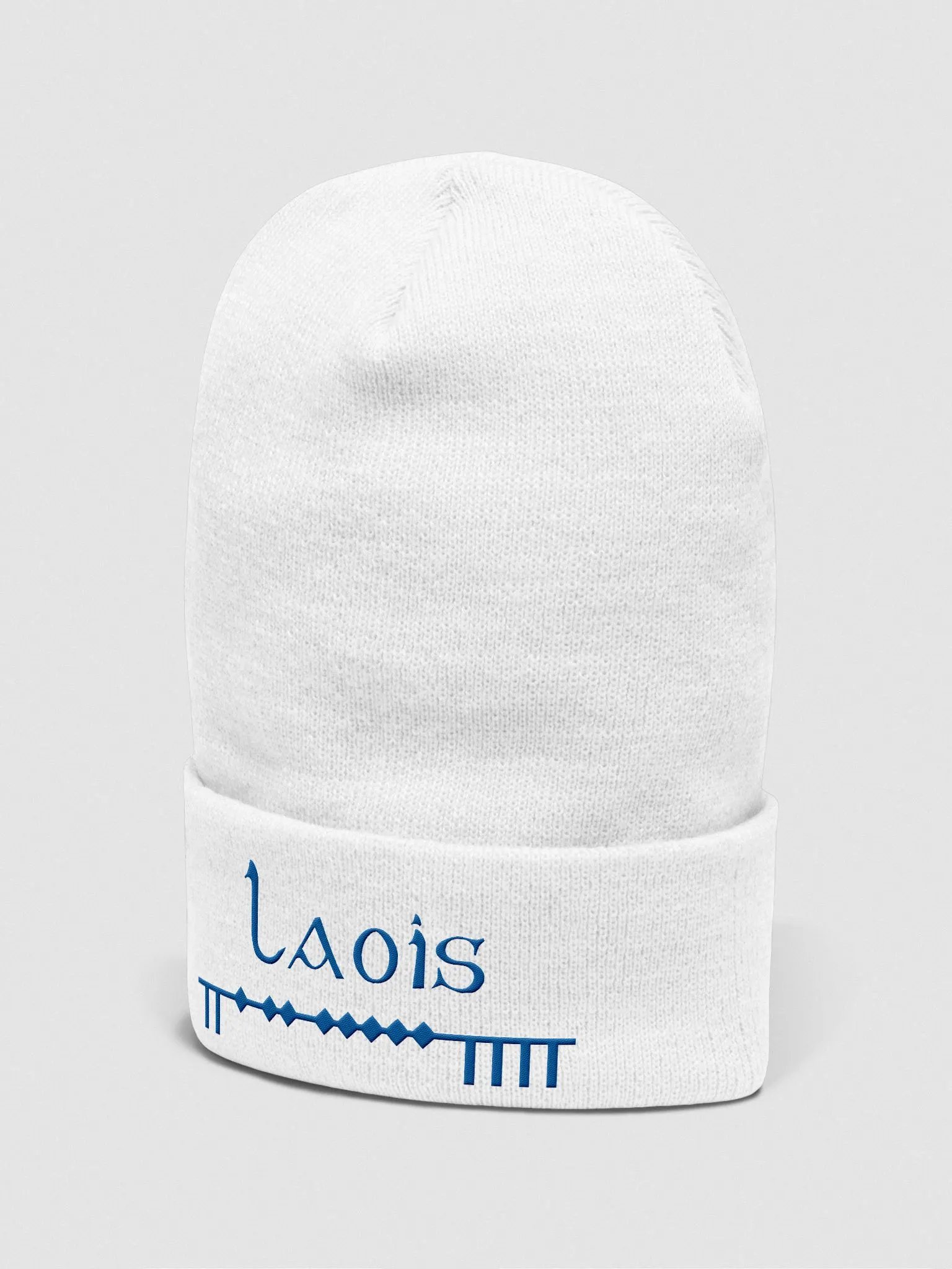 Laois Scholastic style Ogham, white with blue, embroidered Cuffed Beanie product image (2)