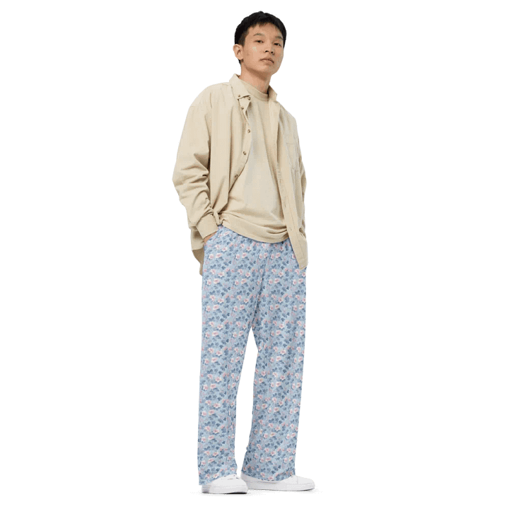Serene Blue Blossoms All Over Print Unisex Wide Leg Pants product image (2)