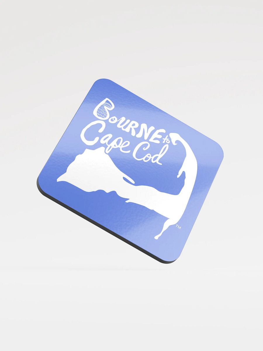 BOURNE to Cape Cod™ | Coastal Coaster | Glossed Cork | Eco-Friendly | Minimalist Coastal Decor | 3.74" Square | White Logo on Royal Blue product image (1)