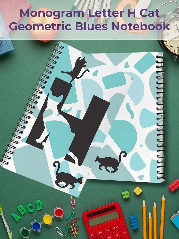 Monogram Letter H Cat Lover Geometric Blues Notebook product image (1)