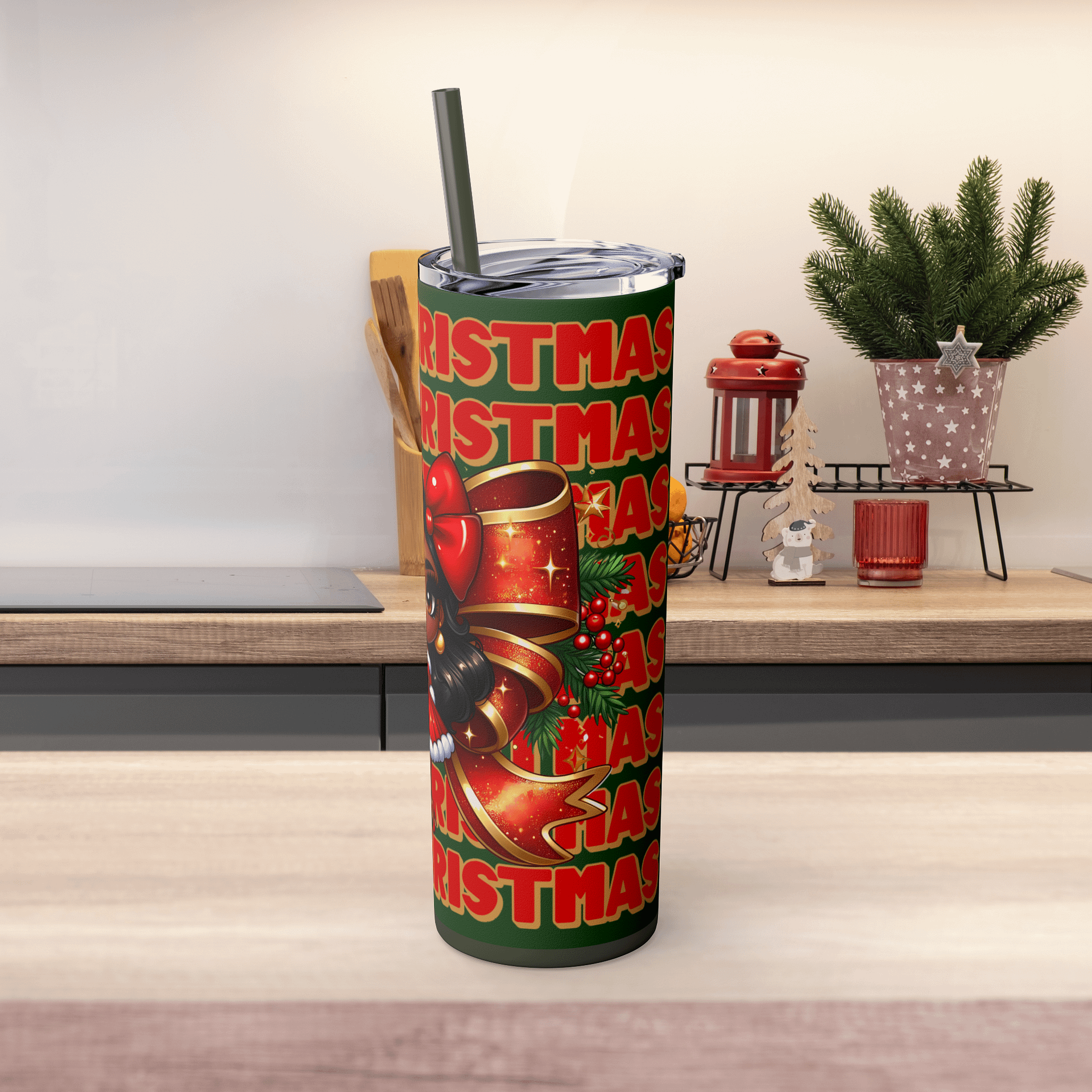 Merry Christmas Brown Holiday Doll Tumbler Wrap Design, Festive 20oz Sublimation PNG, Holiday Digital Download, Red Bow Christmas Tumbler product image (5)