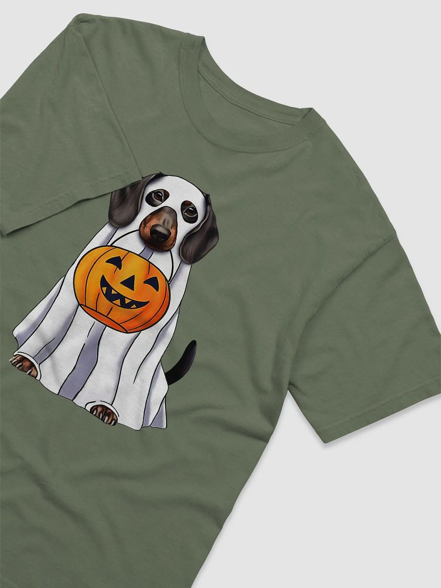 Dachshund Halloween Comfort Colors Tee | Funny Halloween Wiener/Doxie Wearing a Ghost Costume with Pumpkin Basket product image (3)