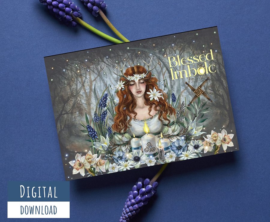 Printable Blessed Imbolc Card #1, Blank Inside, Goddess Brigid card product image (1)