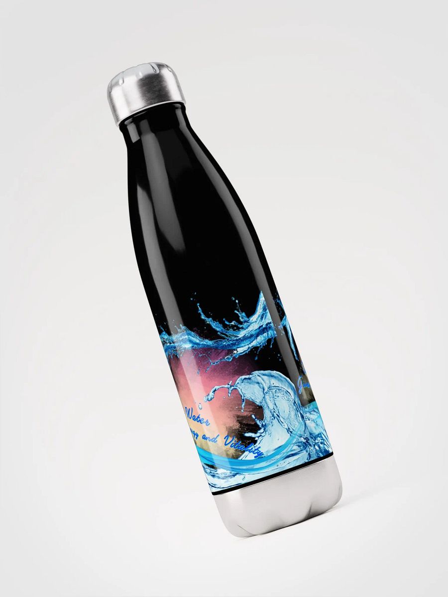 Stainless Steal waterbottle with beautiful swirly blue water drops  featuring ' This water gives energy and vitality