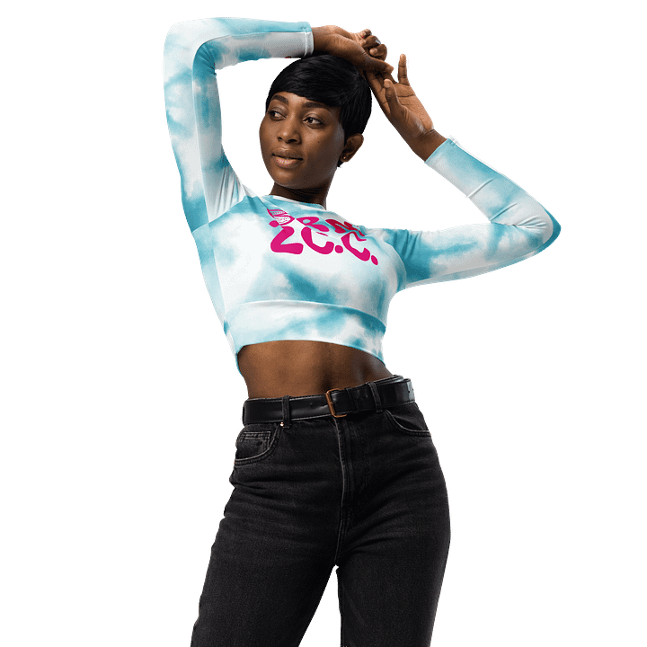 BOURNE to Cape Cod™ Crop Top | BRN.2C.C.™ Coastal Bold | Recycled Long Sleeve Statement Wear 🌊💃☀️ | Vibrant Pink Logos on Blue Tie-Dye product image (1)