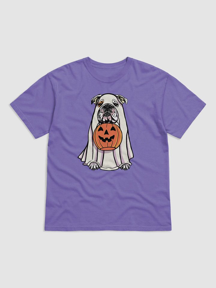 Funny Halloween English Bulldog(White) T-Shirt | Funny English Bulldog Wearing a Ghost Costume and Holding a Pumpkin Basket product image (1)