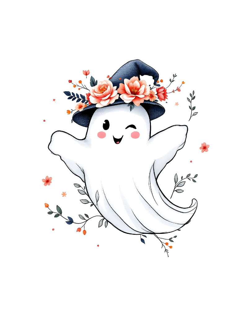 21 Simple and Elegant Smiling Ghost Clipart with Pose, Hat, and Floral Design - Charming Digital Art Collection for Halloween Decor and Projects product image (3)