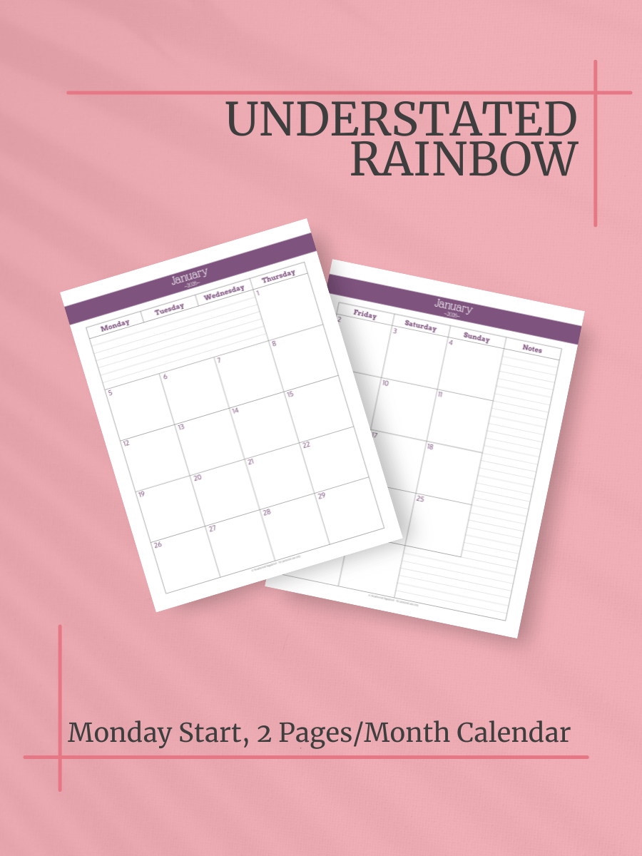 Understated Rainbow 2026 Calendar - 2 Pages per Month, Monday Start, Letter Size product image (1)