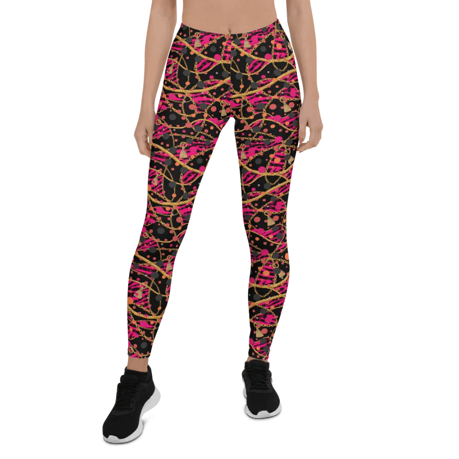 comfortable ladies leggings in funky arty red pink and gold design  on black design for those that  like the unusual. product image (1)