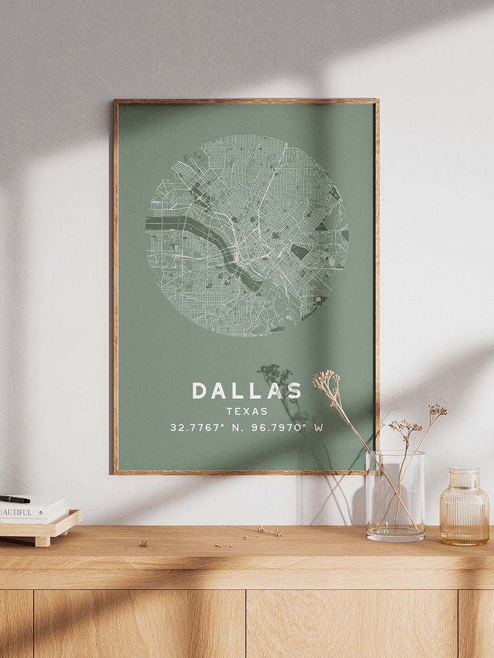 Dallas Street Map Poster – Sage Green Minimalist Circular City Art product image (1)