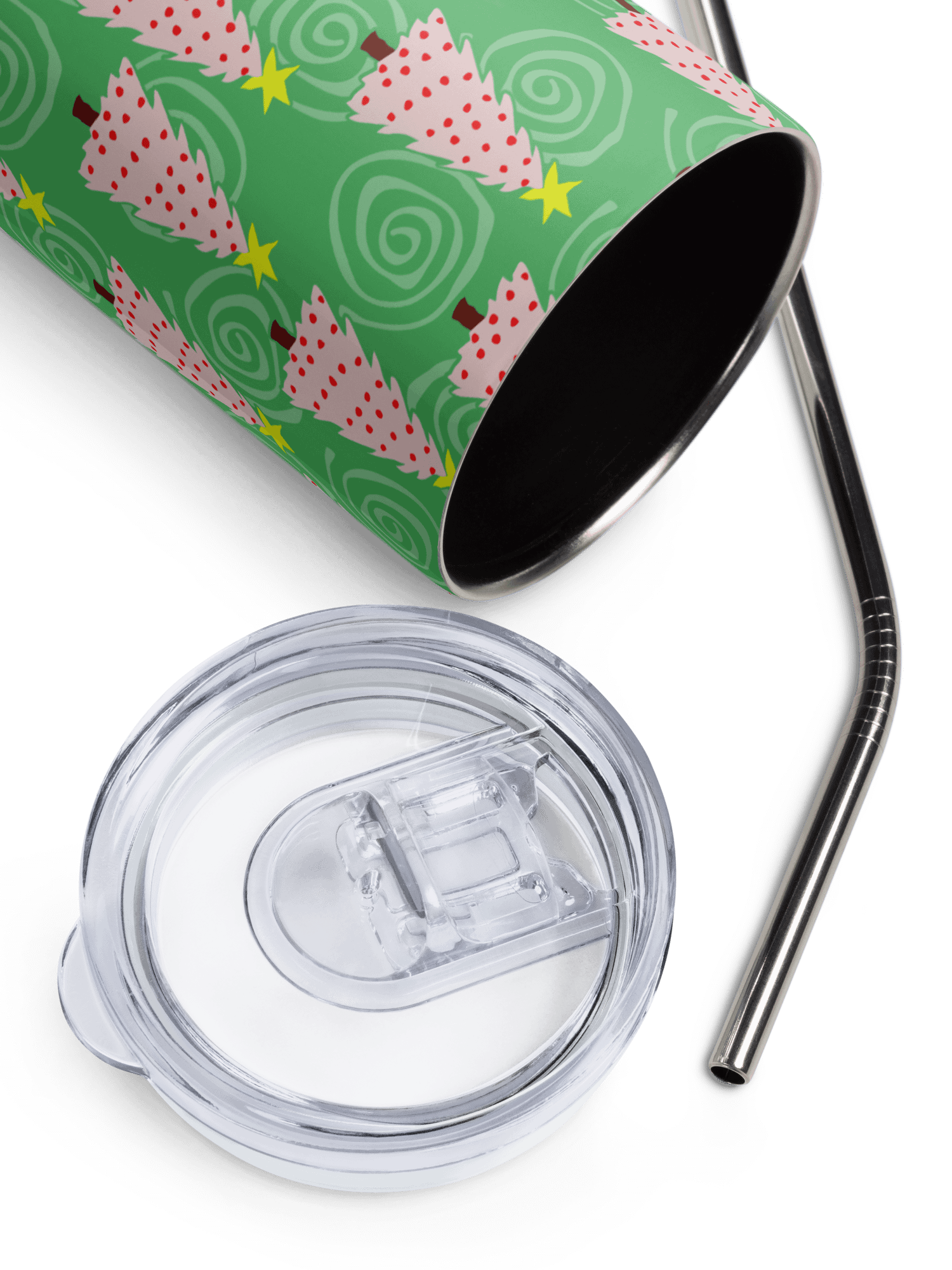 Pink Christmas Trees on Green Spirals Stainless Steel Tumbler with Straw product image (4)