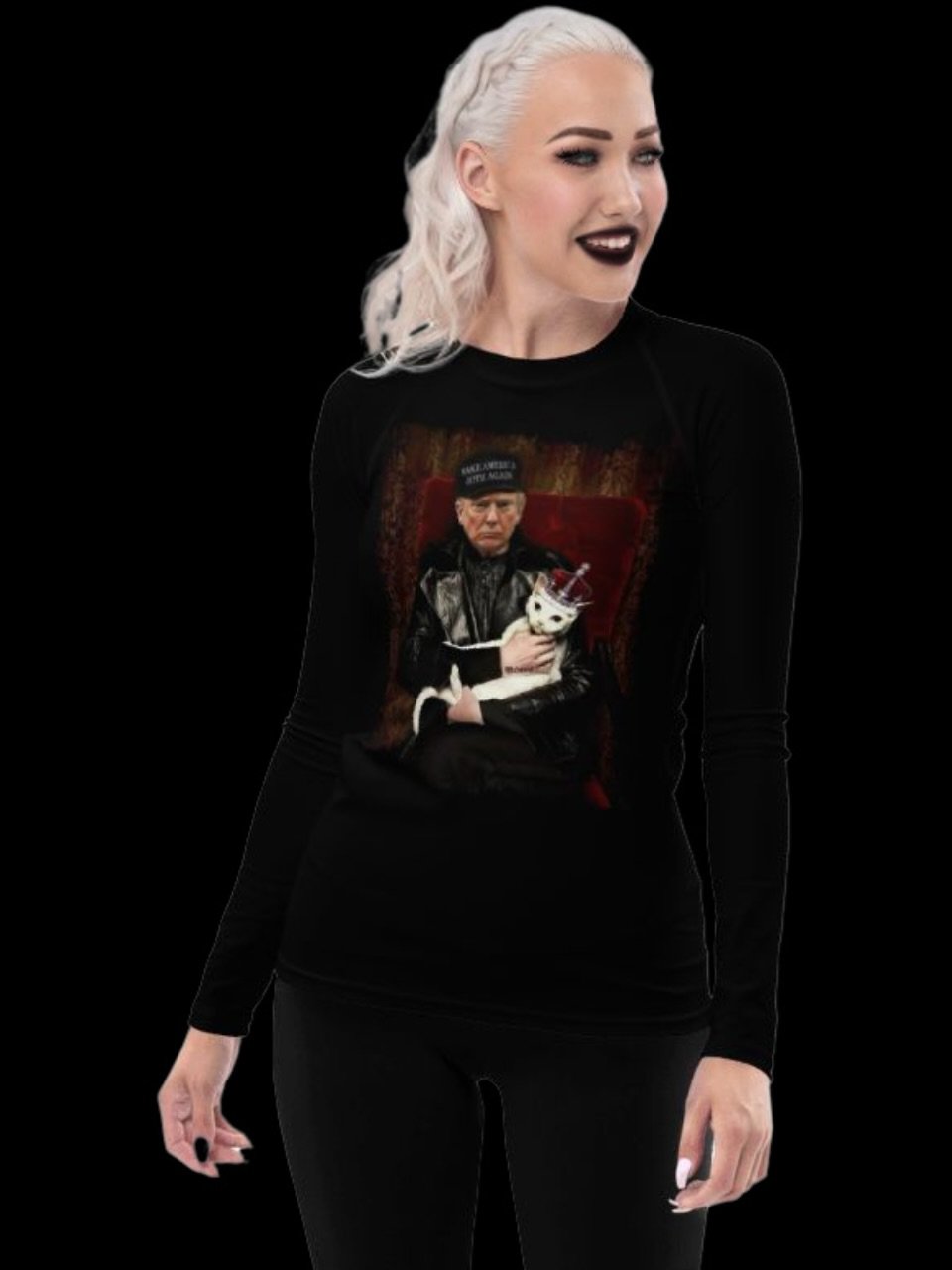 Trump Goth Women's Rash Guard - 'Make America Goth Again' Design with White Cat Queen product image (1)