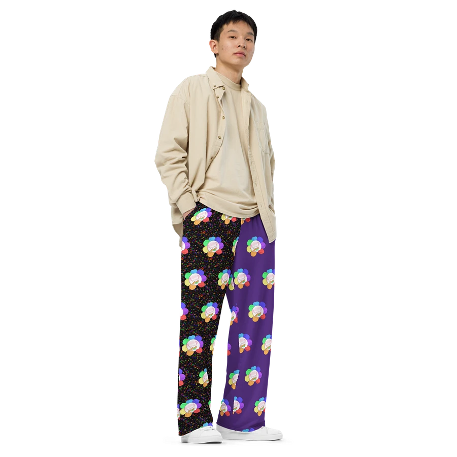 Split Purple and Arcade All-Over Flower Unisex Wide-Leg Pants product image (2)