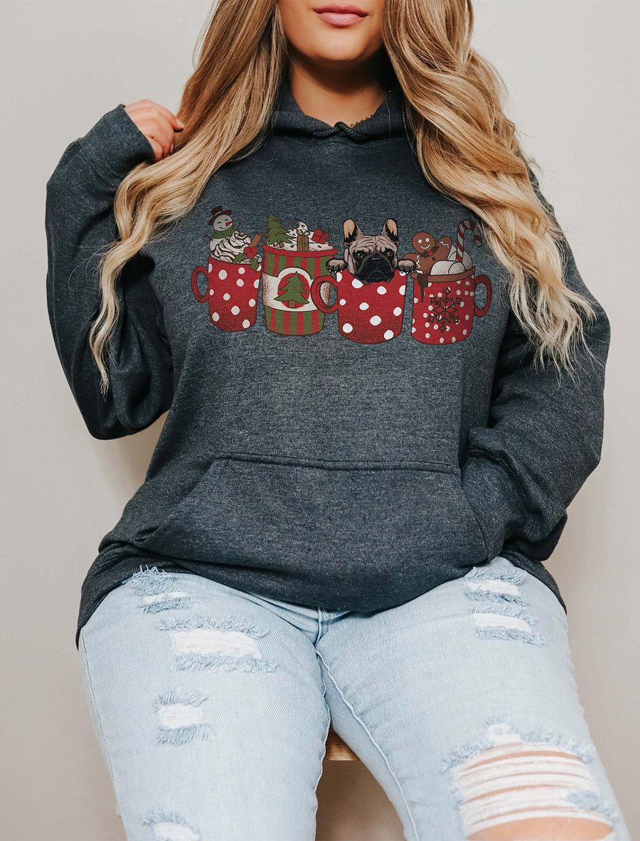 Cute French Bulldog(Fawn) in a Christmas Cup Hooded Sweatshirt | Funny Christmas Frenchie Pup in a Cup product image (1)