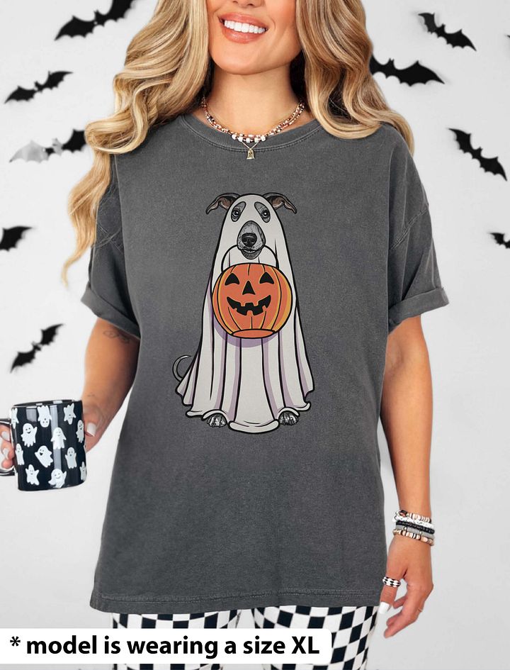 Funny Halloween Whippet T-Shirt | Funny Dog Wearing a Ghost Costume and Holding a Pumpkin Basket product image (14)