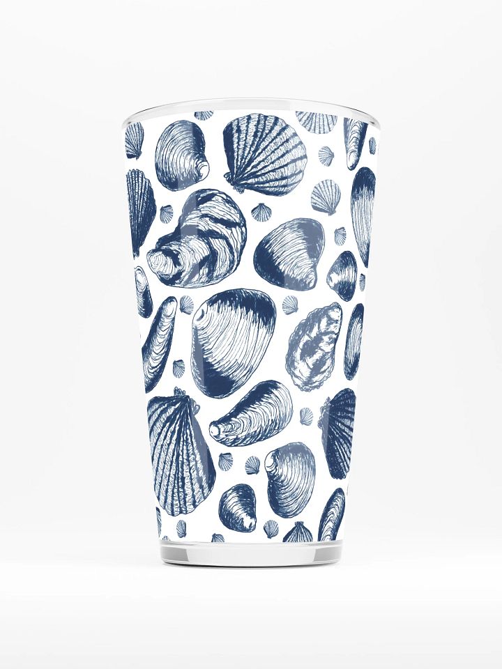 New England Tidal Treasures | | Dark Blue on White | Coastal Shell Repeat | Shaker Pint Glass by Monique Faella Designs™ Shell Yeah, It’s Sip Time 🐚🍺🌊 product image (1)