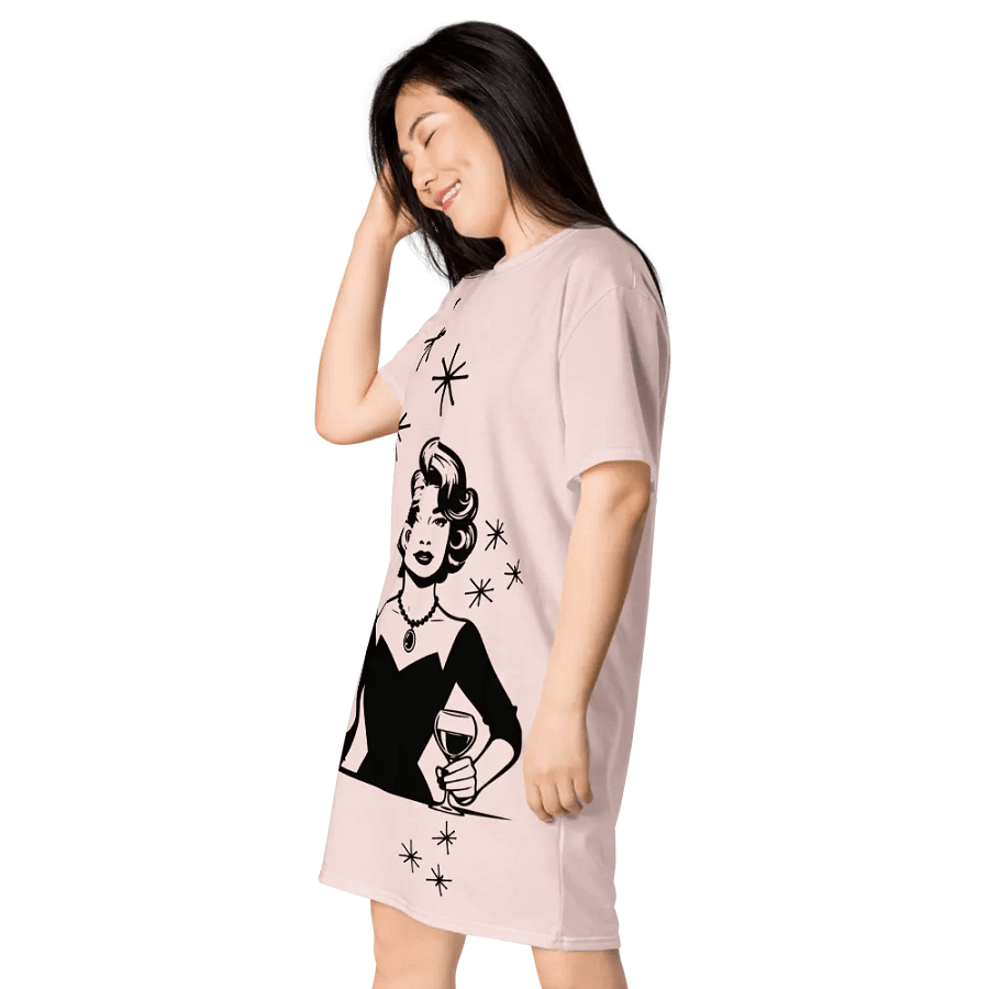 Retro Woman Drinking Wine T-Shirt Dress, Misty Rose product image (8)