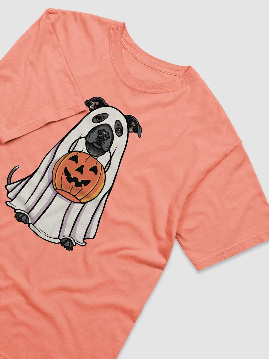 Funny Halloween Staffordshire Terrier(Blue) T-Shirt | Funny Staffy Wearing a Ghost Costume and Holding a Pumpkin Basket product image (24)