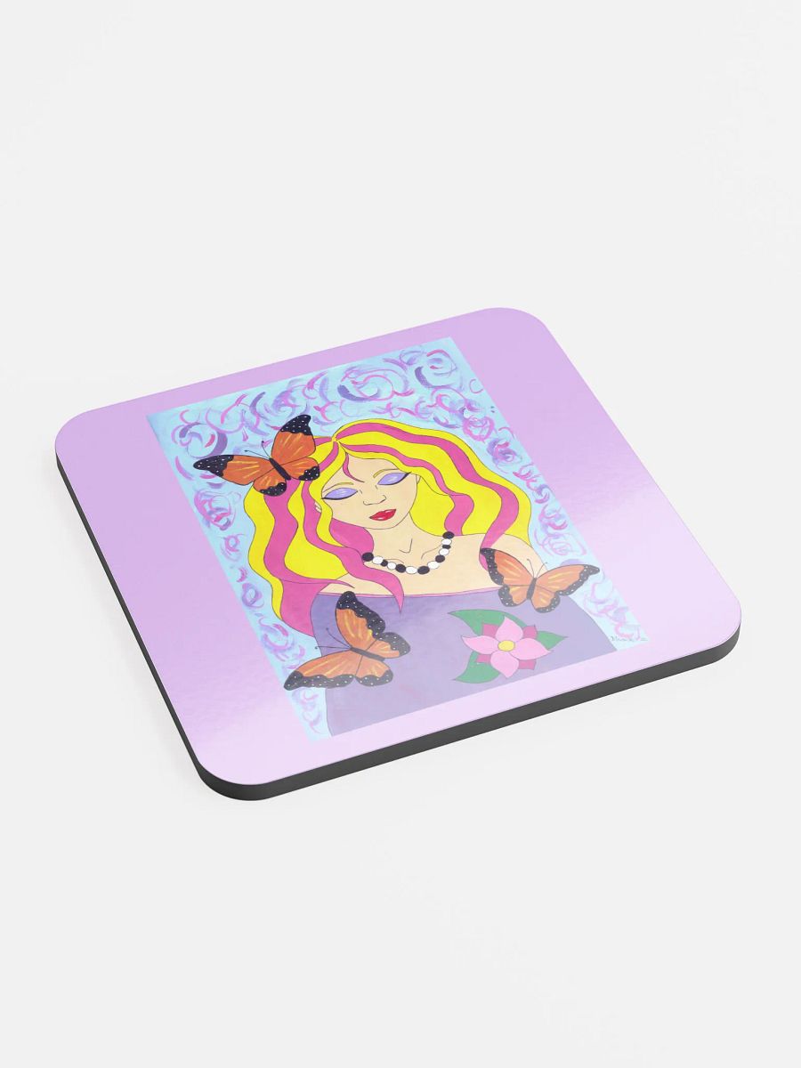 Butterfly spring woman (art by Dina R.) acrylic painting picture - Glossed Cork Coaster product image (2)