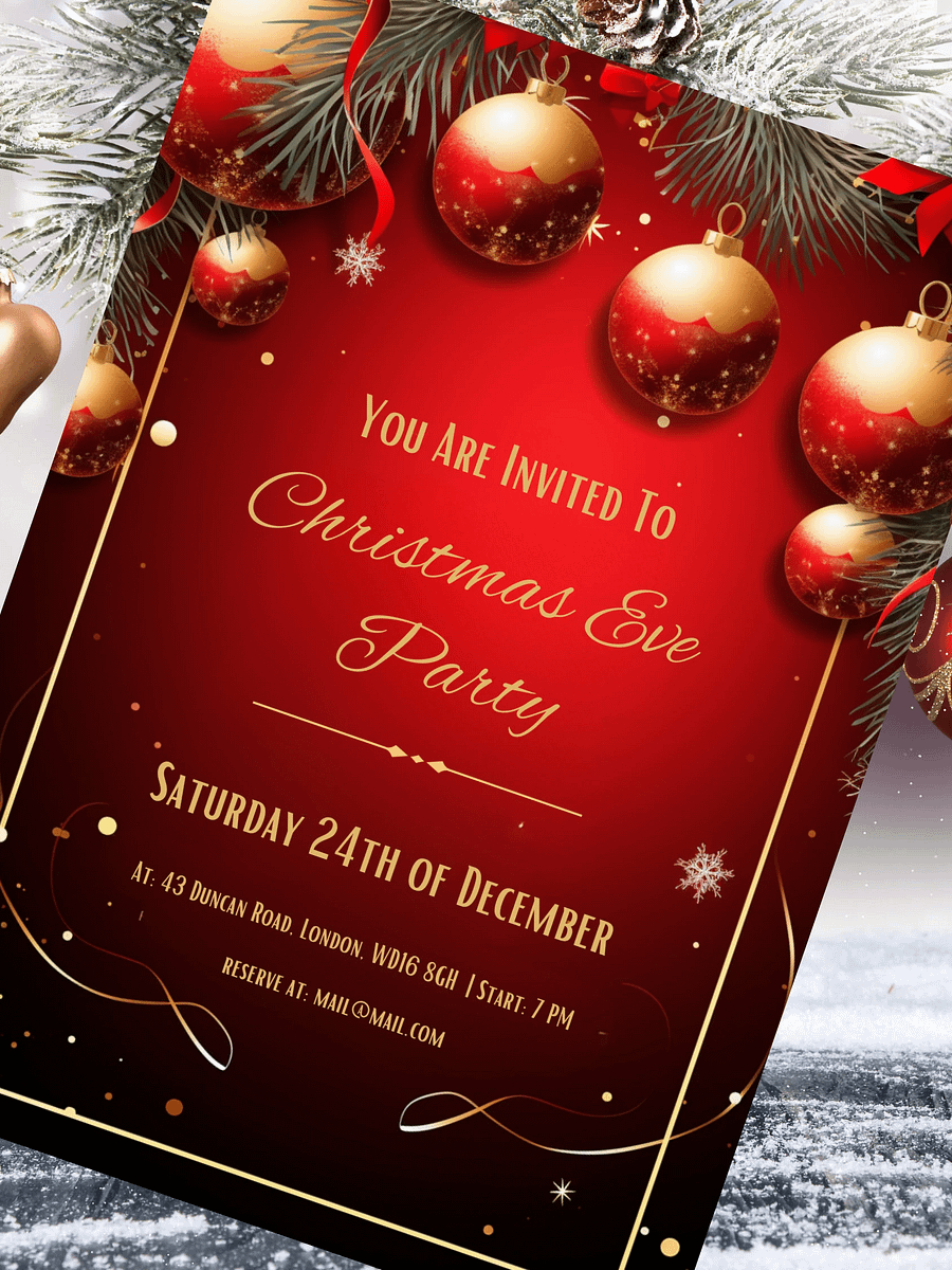 Vivid Red and Gold Christmas Party Invitation | Editable in Canva | Christmas Party Printable | Holiday Invitation Template | Link to Canva product image (6)