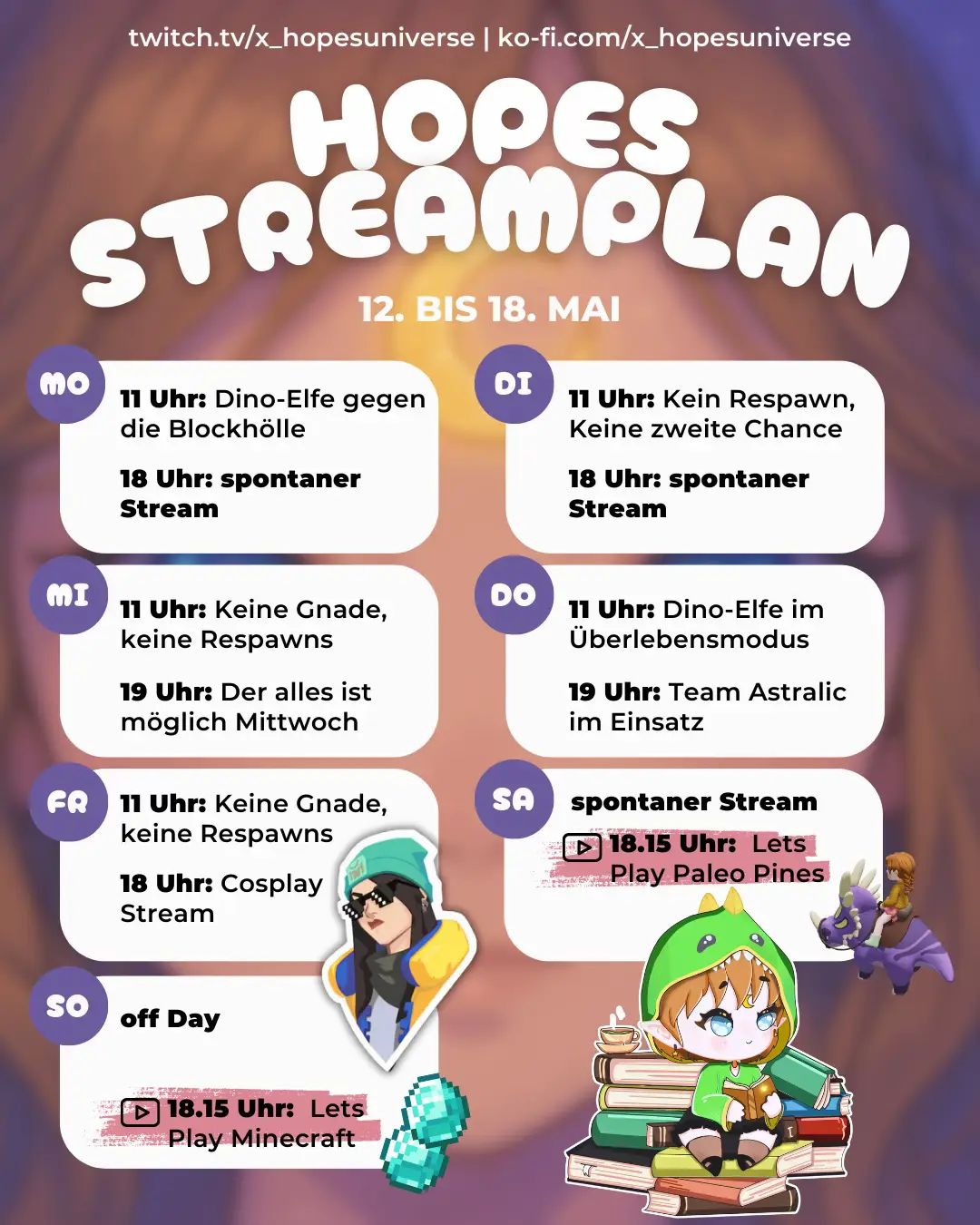 Diese Woche erwartet euch wieder jede Menge Spaß und Abenteuer auf meinem Stream! 🗓️ Streamplan:     Morgens: Tägliches Minecraft-Abenteuer – der perfekte Start in den Tag!     Abends: Spontane Sessions – wir schauen gemeinsam, worauf wir Lust haben!     Mittwoch: Alles-ist-möglich-Mittwoch – wir setzen unsere Reise in Coffee Talk fort und lassen uns überraschen!     Freitag: 🎭 Highlight der Woche – Cosplay-Stream! Ich schlüpfe in die Rolle von Killjoy und bringe euch Valorant-Vibes direkt auf den Bildschirm! Kommt vorbei, lasst uns gemeinsam lachen, spielen und die Woche unvergesslich machen! 💜 #StreamPlan #VTuber #MinecraftMornings #CoffeeTalk #KilljoyCosplay #TwitchStreamer #SternchenMagie