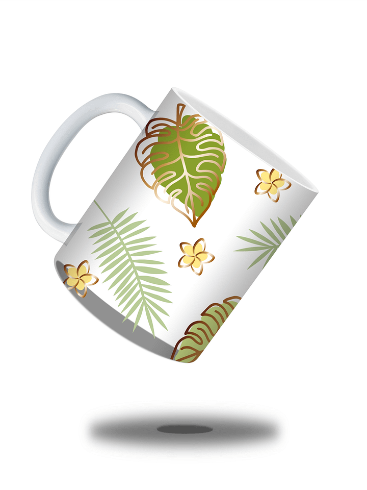 (Gold Border) Tropical Leaves and Flowers 11oz Coffee Mug – Nature-Inspired Ceramic Cup with Monstera and Floral Design – Perfect Gift for Plant Lovers product image (2)