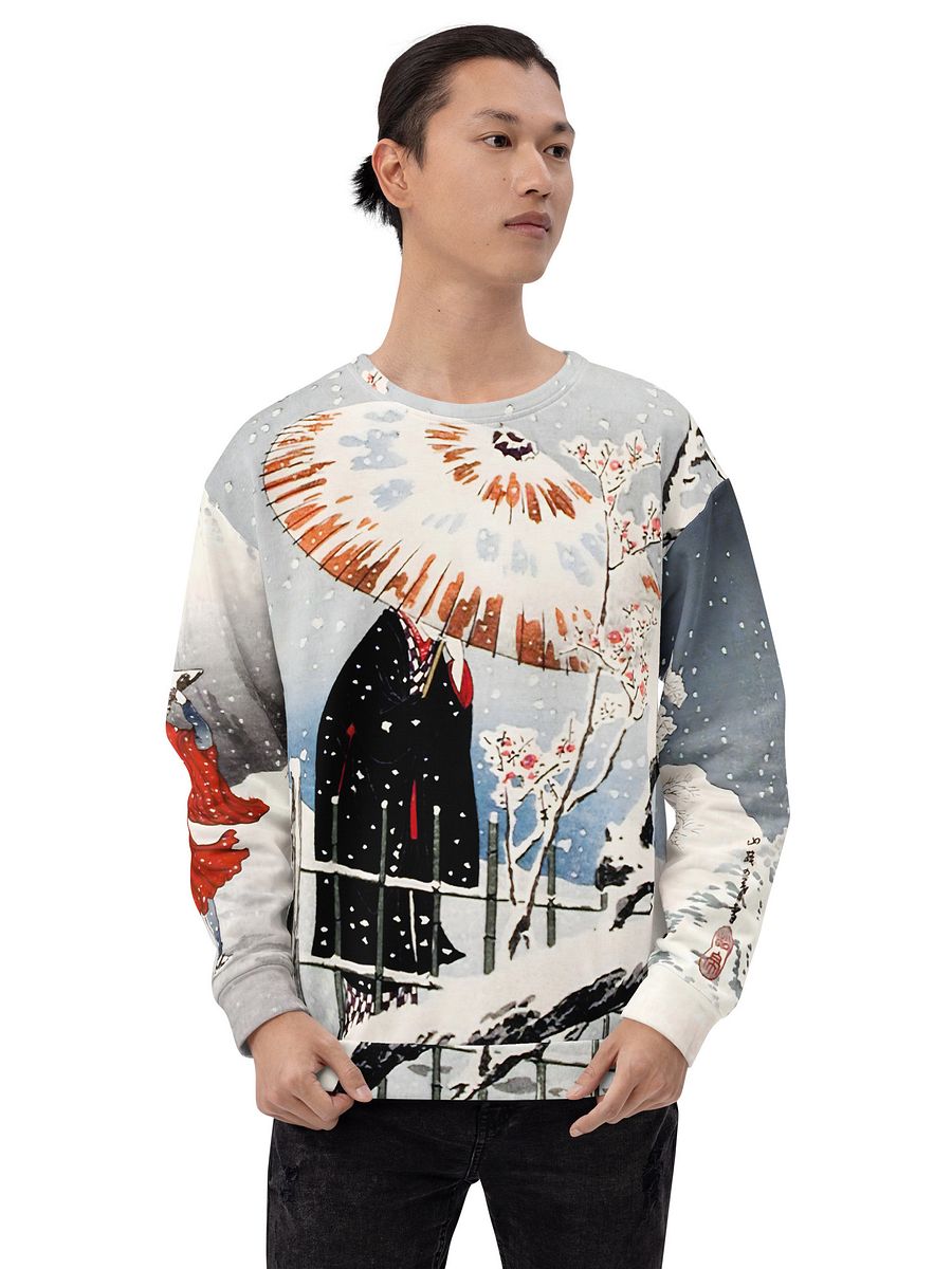 Plum Tree and Snowy Evening All-Over Print Recycled Unisex Sweatshirt product image (3)