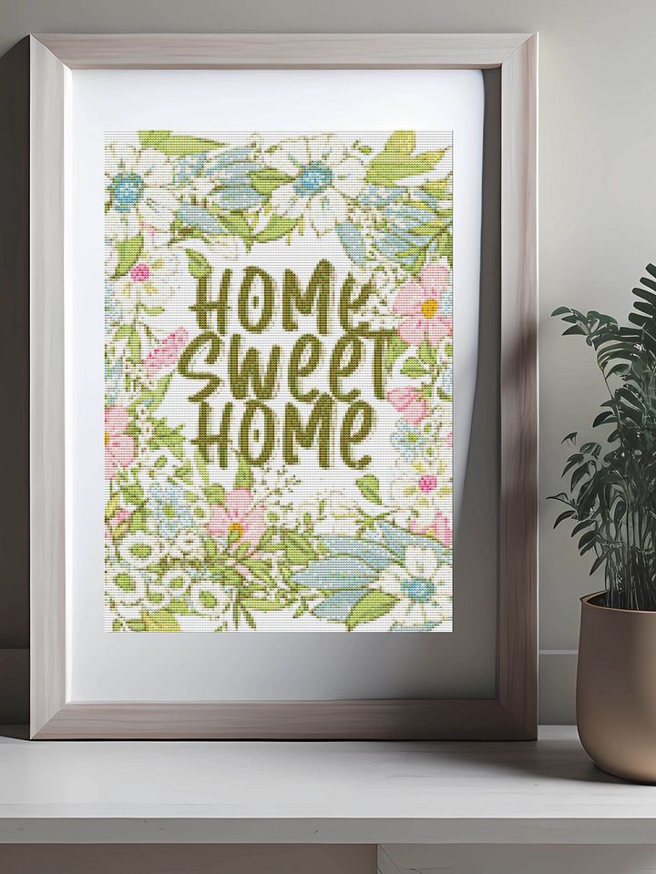 Home Sweet Home | Floral Printable Cross Stitch Pattern | Whimsical Pink, White, and Blue Flowers product image (2)