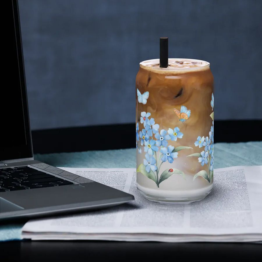 Forget-Me-Not Whispers Glass Can Tumbler | 16oz Eco-Friendly Botanical Drinkware | Blue Blossoms & Butterflies Design product image (3)