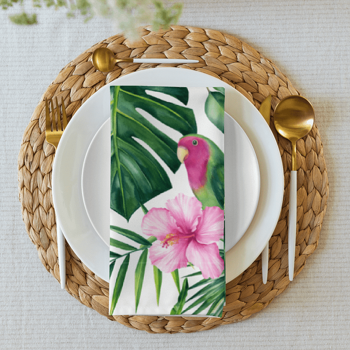 Tropical Parrot & Orchid Cloth Napkins (Set of 4) – 20"x20", Soft Broadcloth, Vibrant Botanical Print product image (1)